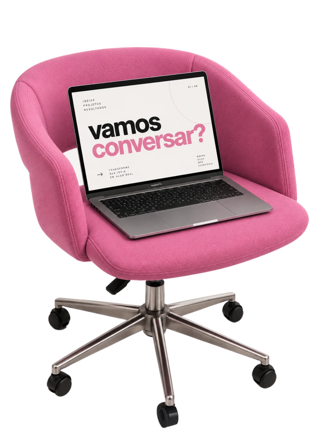 Notebook apoiado em uma cadeira rosa; na tela lê-se: vamos conversar?