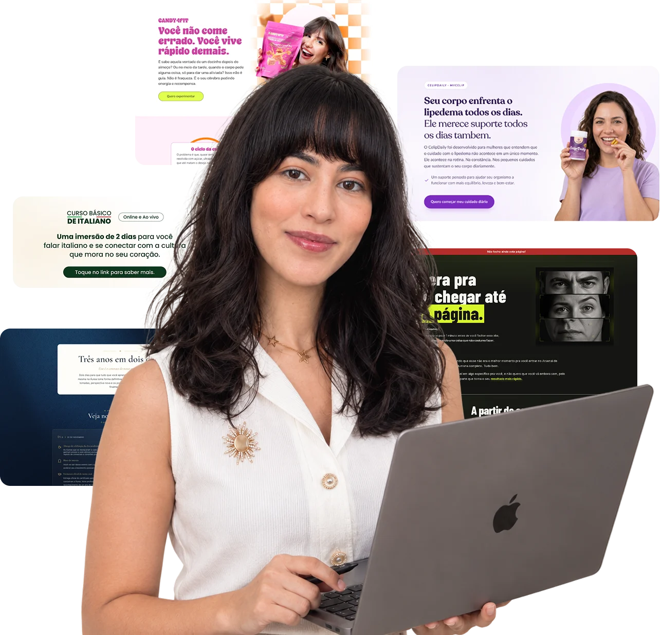 Julia com um notebook, cercada por páginas de vendas que ela criou para produtos digitais.
